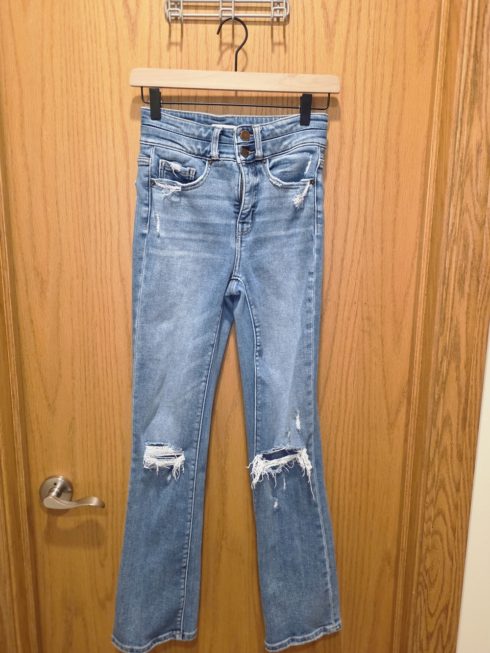 BKE Light Blue Distressed Billie Slim Fit High Rise Boot Cut Jeans